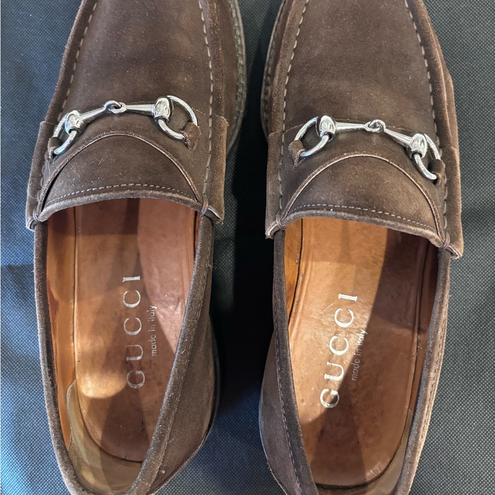 Gucci Brown Suede Slip-On Loafers with Silver Bit